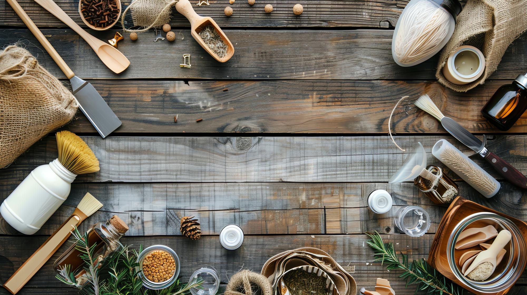 Workshop table with ingredients and tools
